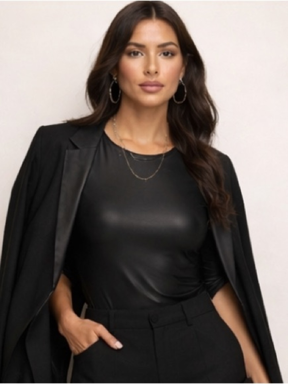 Black Faux Leather Long Sleeve Top | Sleek Chic Layering Piece - Picture 5 of 6